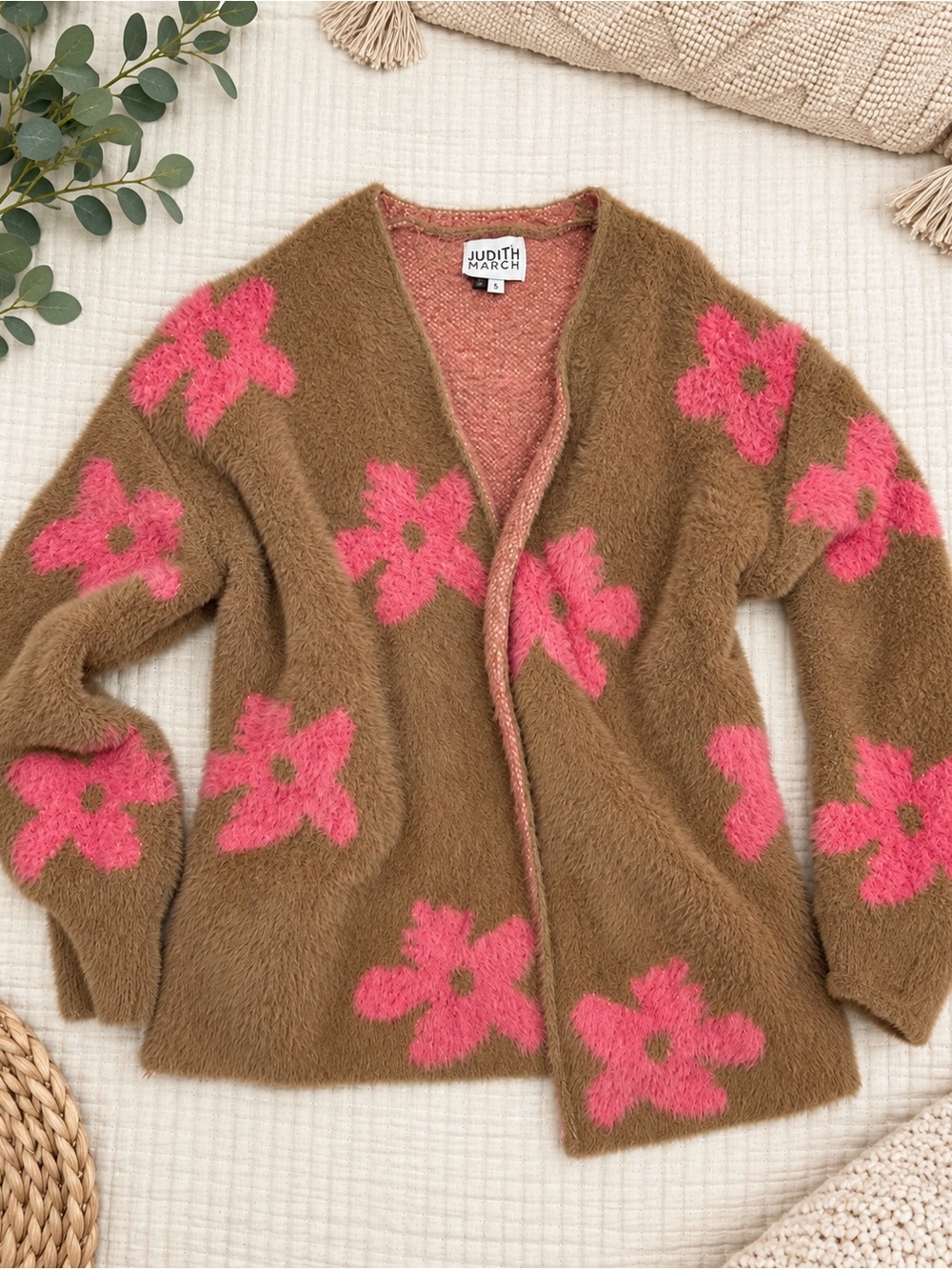 Judith March Tan Open Cardigan with Pink Floral Motif